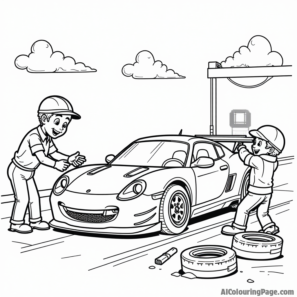 A playful pit stop scene featuring a race car being serviced by cheerful mechanics, with tools and tires scattered around, inviting kids to add their creative touch.