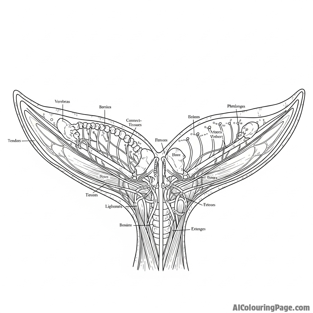 A detailed scientific illustration detailing the complex anatomy of a dolphin’s fluke.