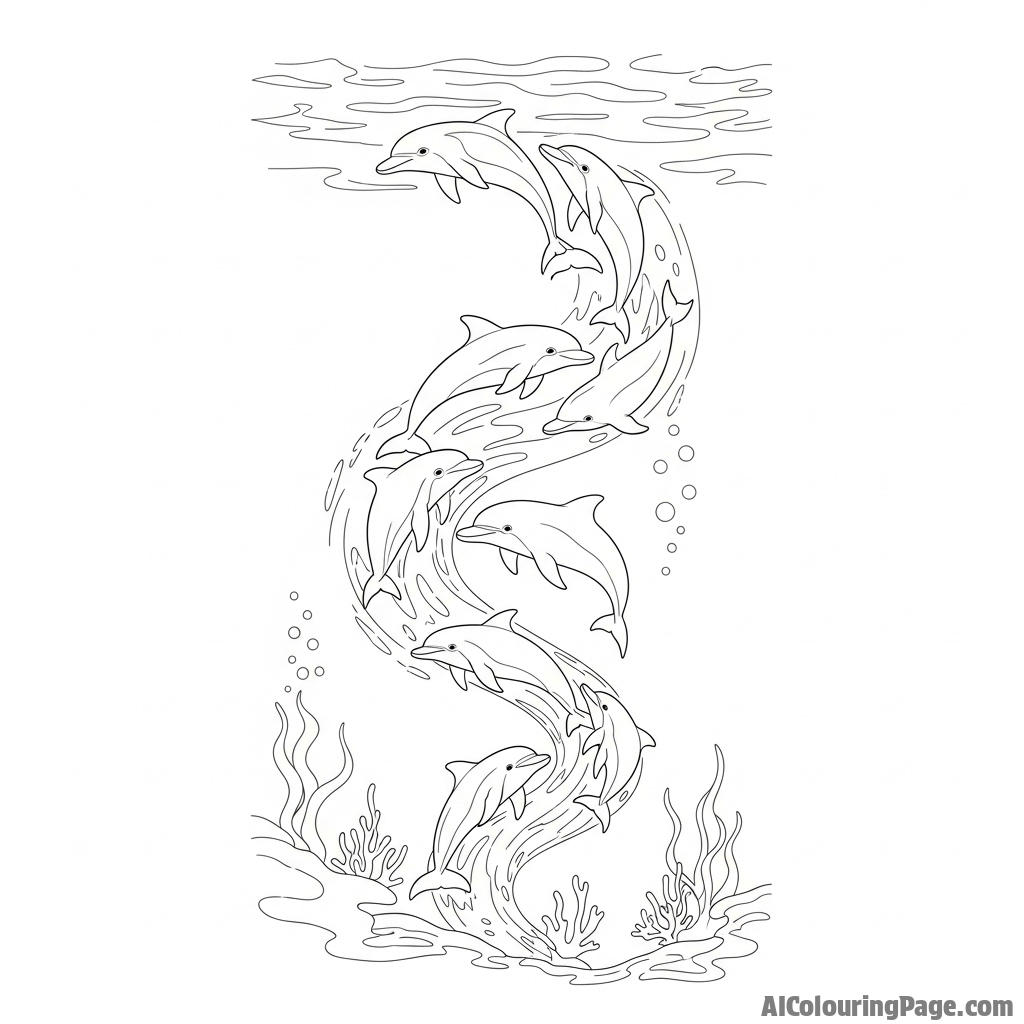 A group of dolphins playfully chasing each other in a deep-sea spiral.