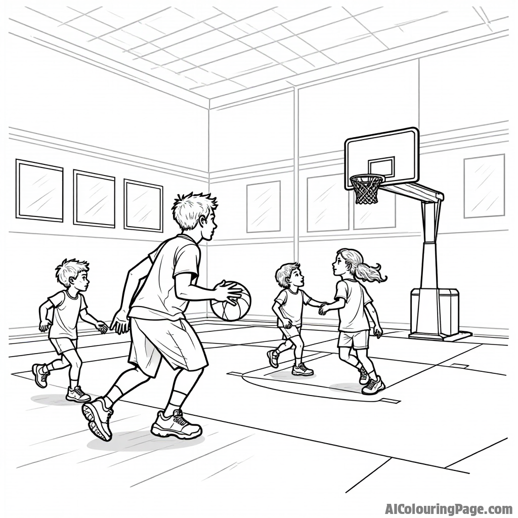 A basketball training session with kids practicing dribbling and passing, accompanied by a friendly coach, set in a gym with colorful posters on the walls for a lively coloring page.