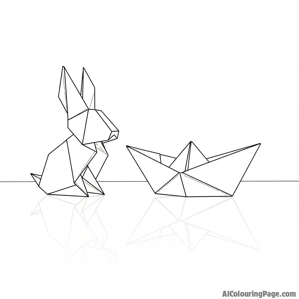 An origami bunny sitting next to a folded paper boat on a reflective surface.