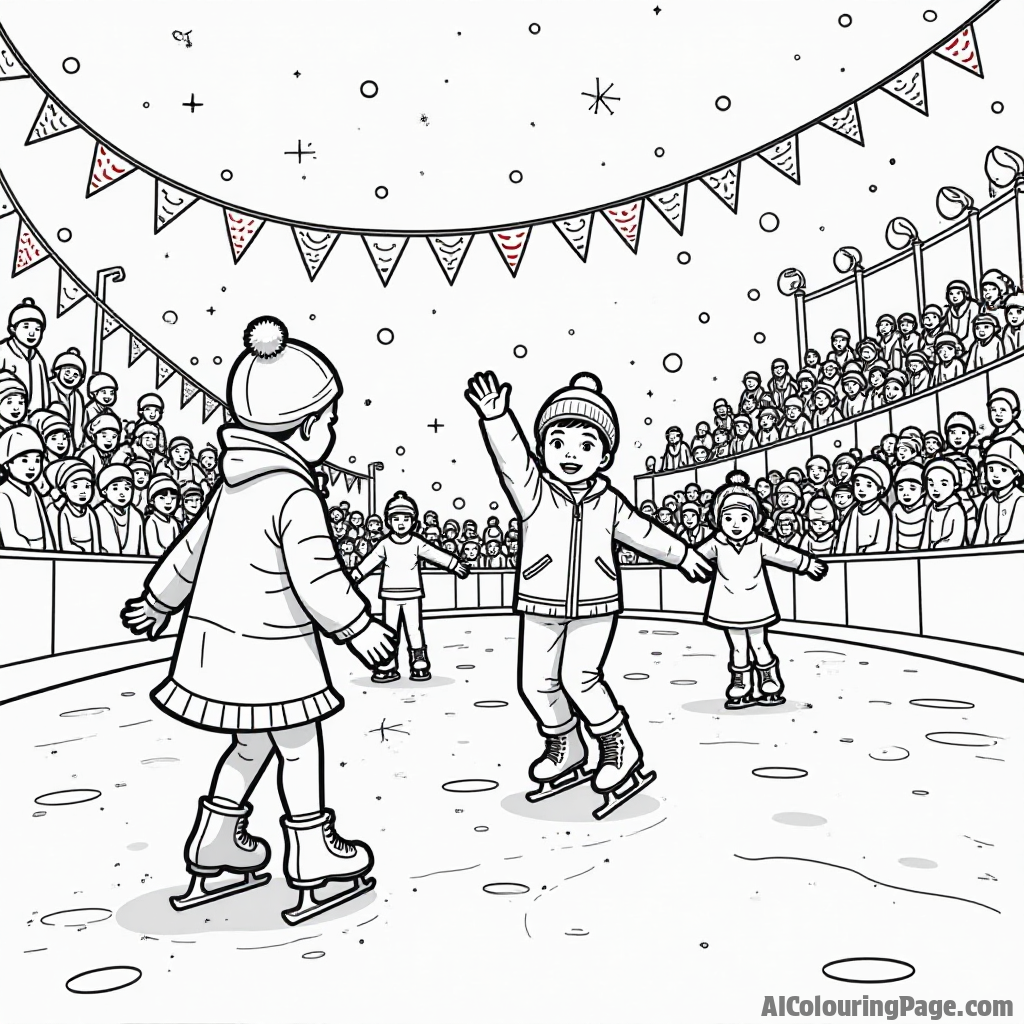 A vibrant ice skating competition scene, with kids showing off their skills, surrounded by cheering crowds and colorful banners, inspiring creativity and excitement in young artists while coloring.