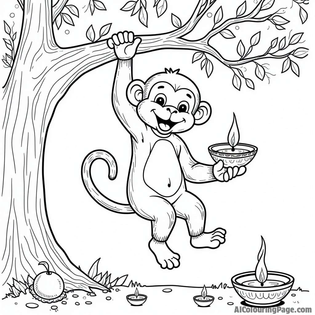 A playful monkey swinging from a tree while holding a diya, surrounded by festive decorations and sweets, highlighting the fun and mischief of Diwali celebrations for Festivals and Traditions Coloring Sheets.