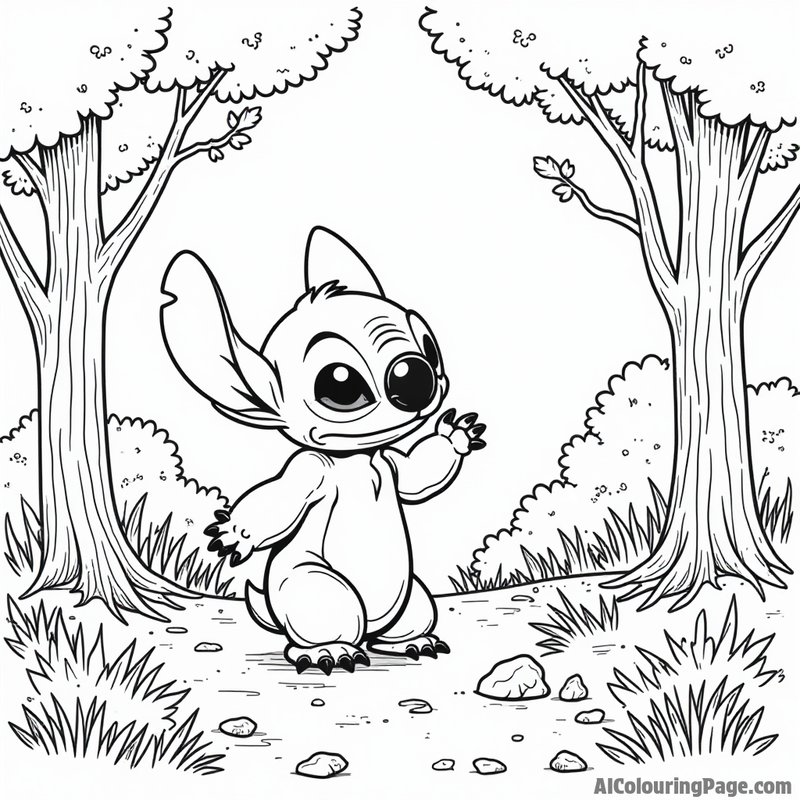 Stitch exploring a forest