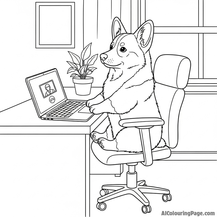 A corgi working from home, sitting in an office chair in front of a laptop.