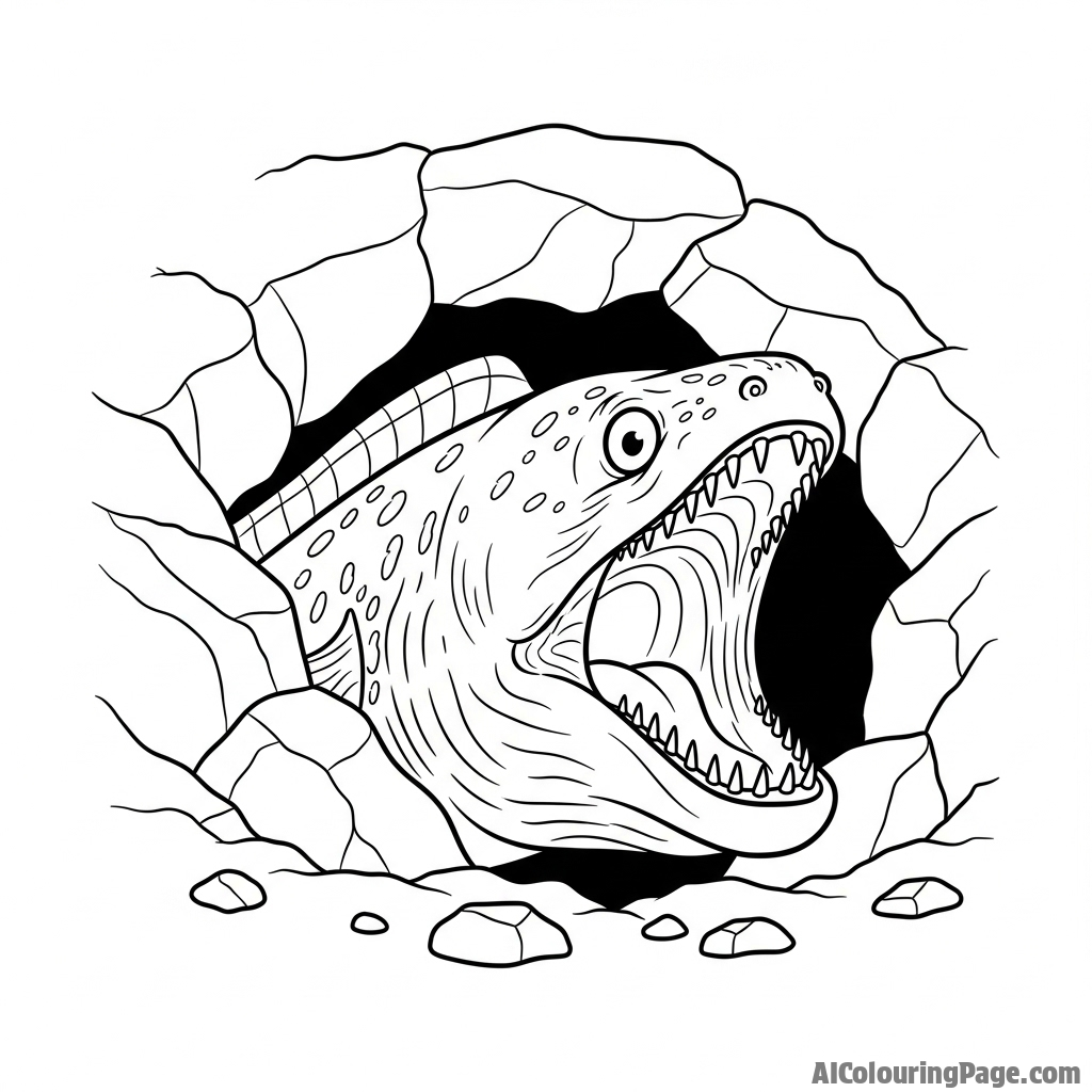 A moray eel emerging from its rocky crevice, mouth agape.