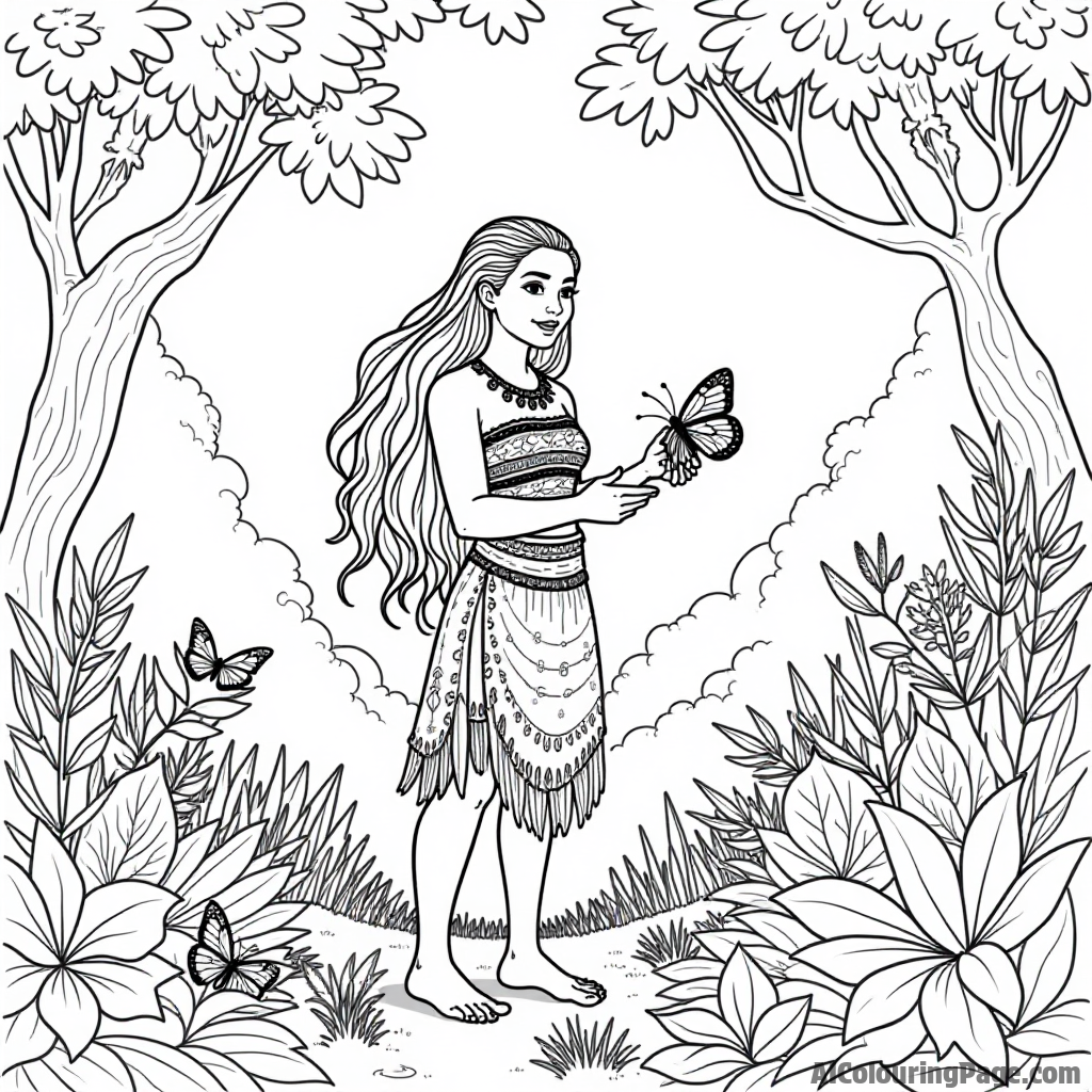 Moana gathering herbs and plants in a lush forest, with butterflies fluttering around her and trees overhead.