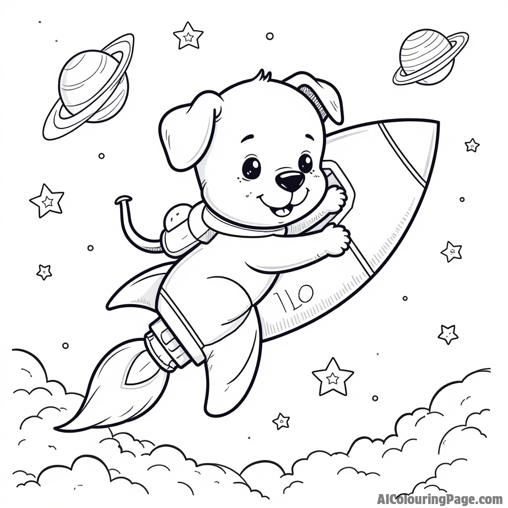 A puppy in a rocket ship blasting off into space, with stars, planets, and a comet zooming in the background.