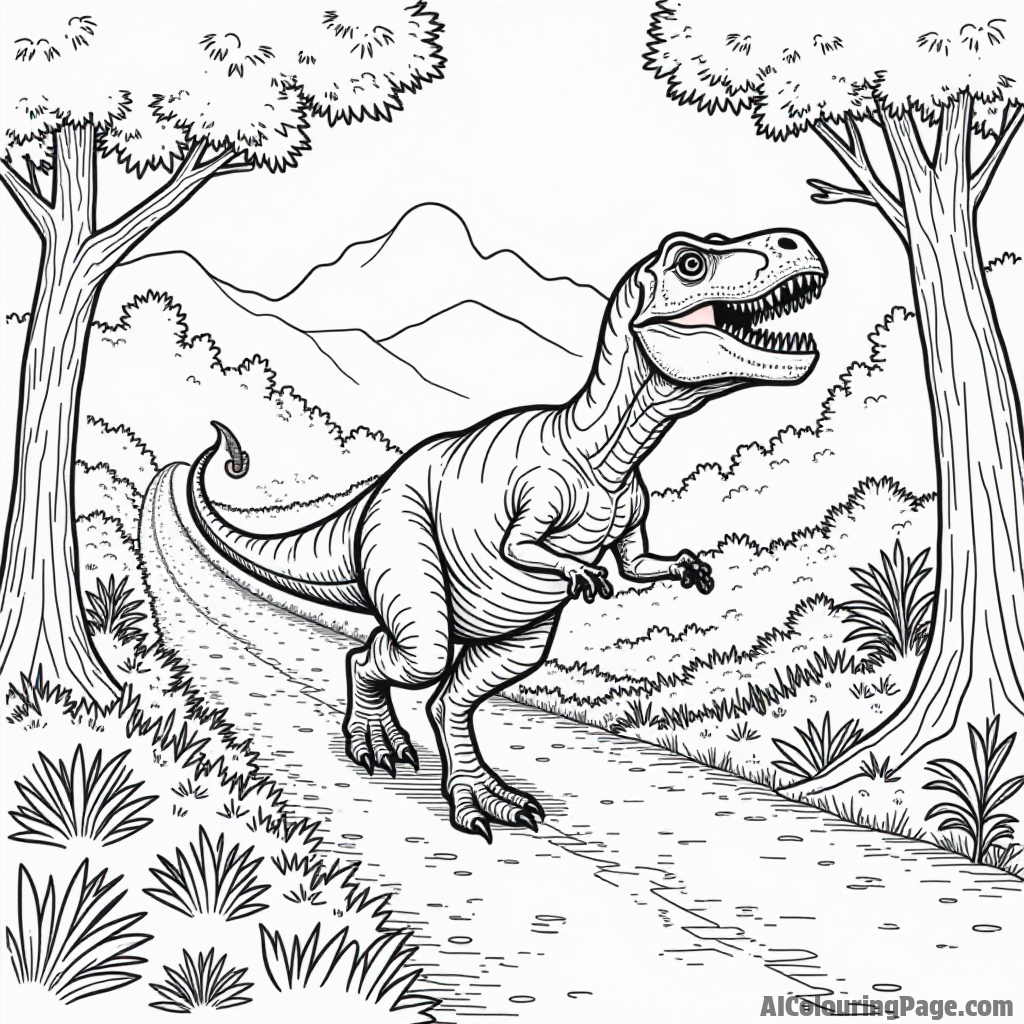 A dinosaur race taking place on a winding path through the forest, with cheering dino spectators on the sidelines.