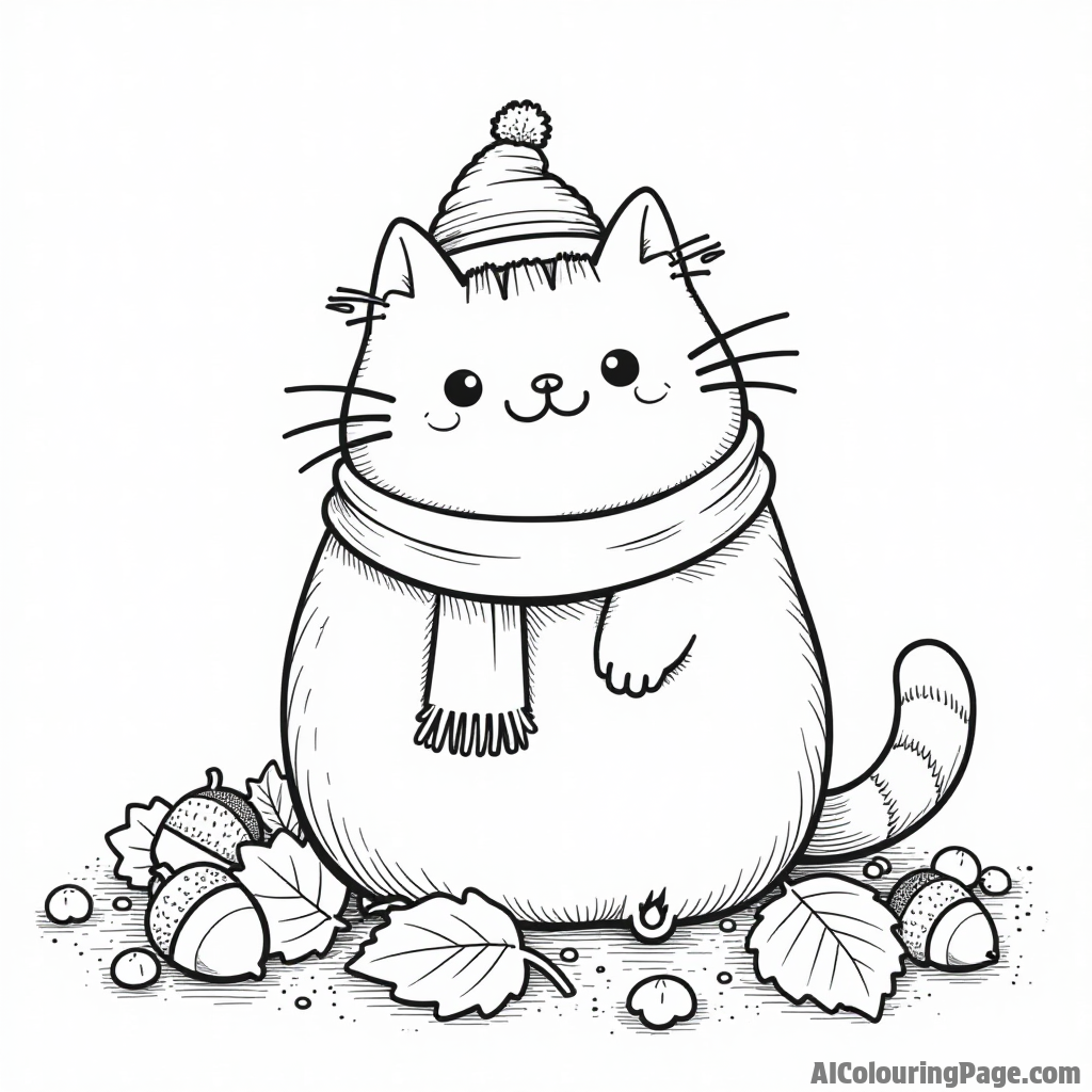 Pusheen playing in a pile of autumn leaves with acorns scattered around, wearing a little hat and scarf