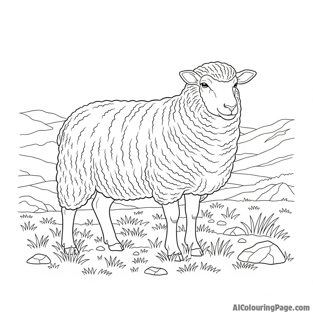 A sheep with a thick, woolly fleece, standing in a highland meadow