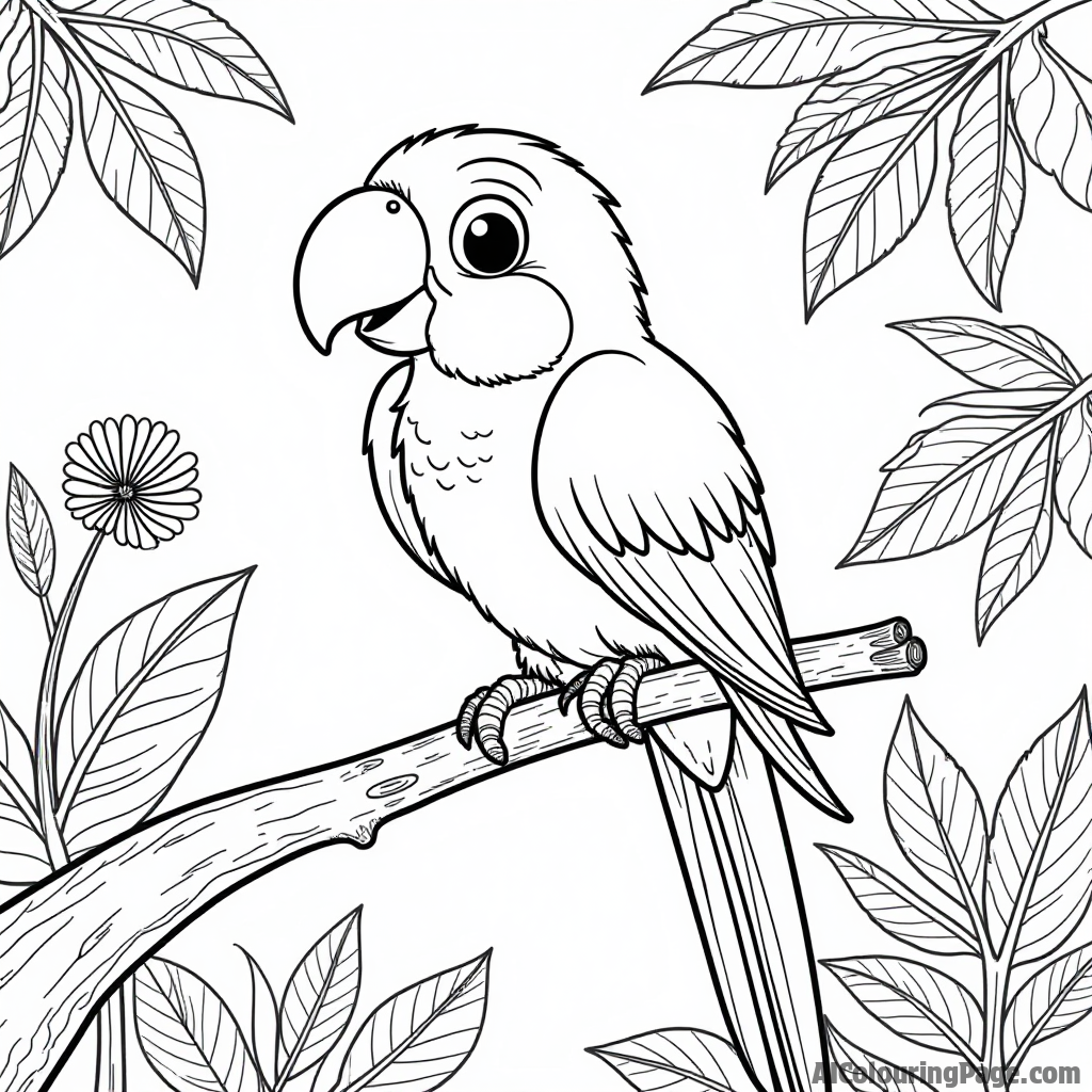 A playful parrot perched on a branch, surrounded by exotic flowers and leaves, inviting children to color this lively jungle scene and embark on their own safari adventure.