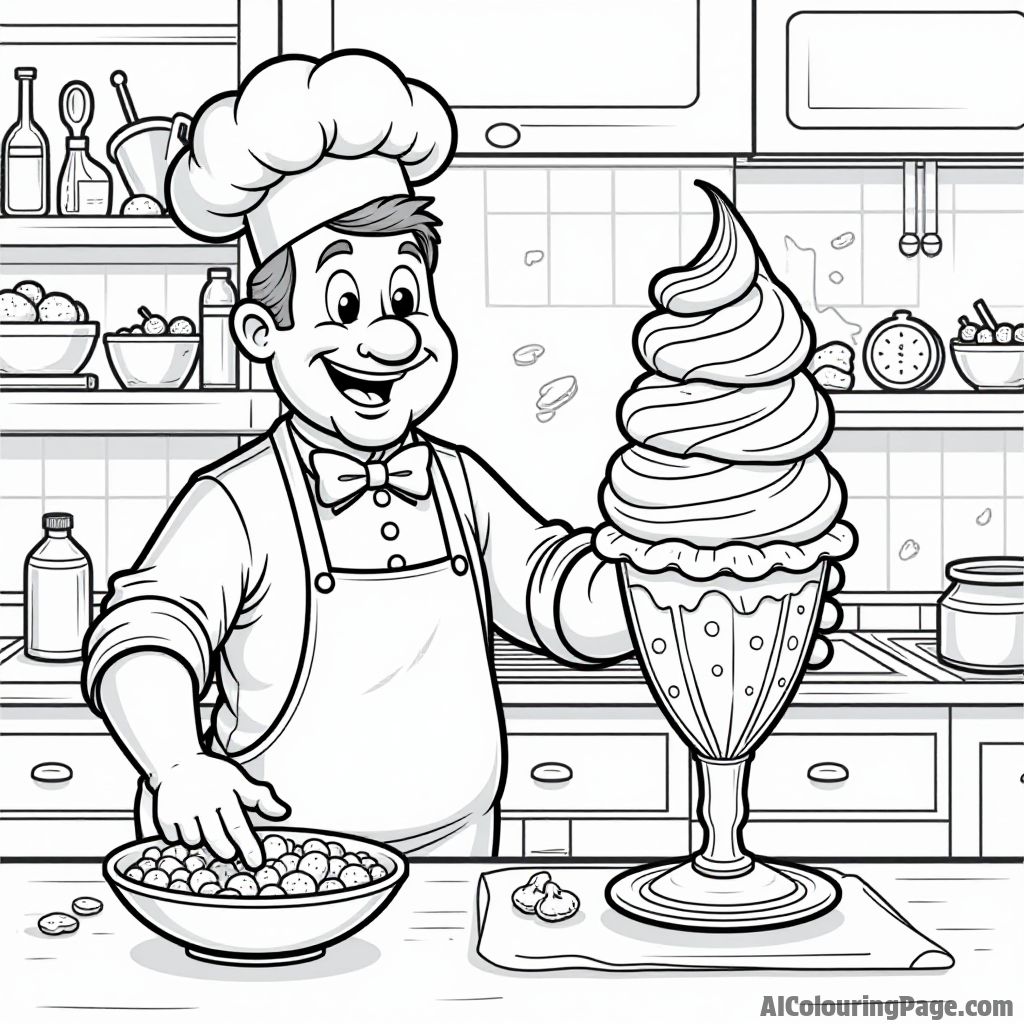 A cartoon chef creating a giant ice cream masterpiece in a bustling kitchen filled with ingredients