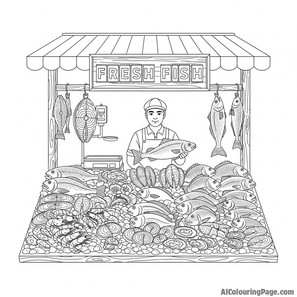 A fishmonger’s stall, displaying a variety of fresh fish on a bed of ice.