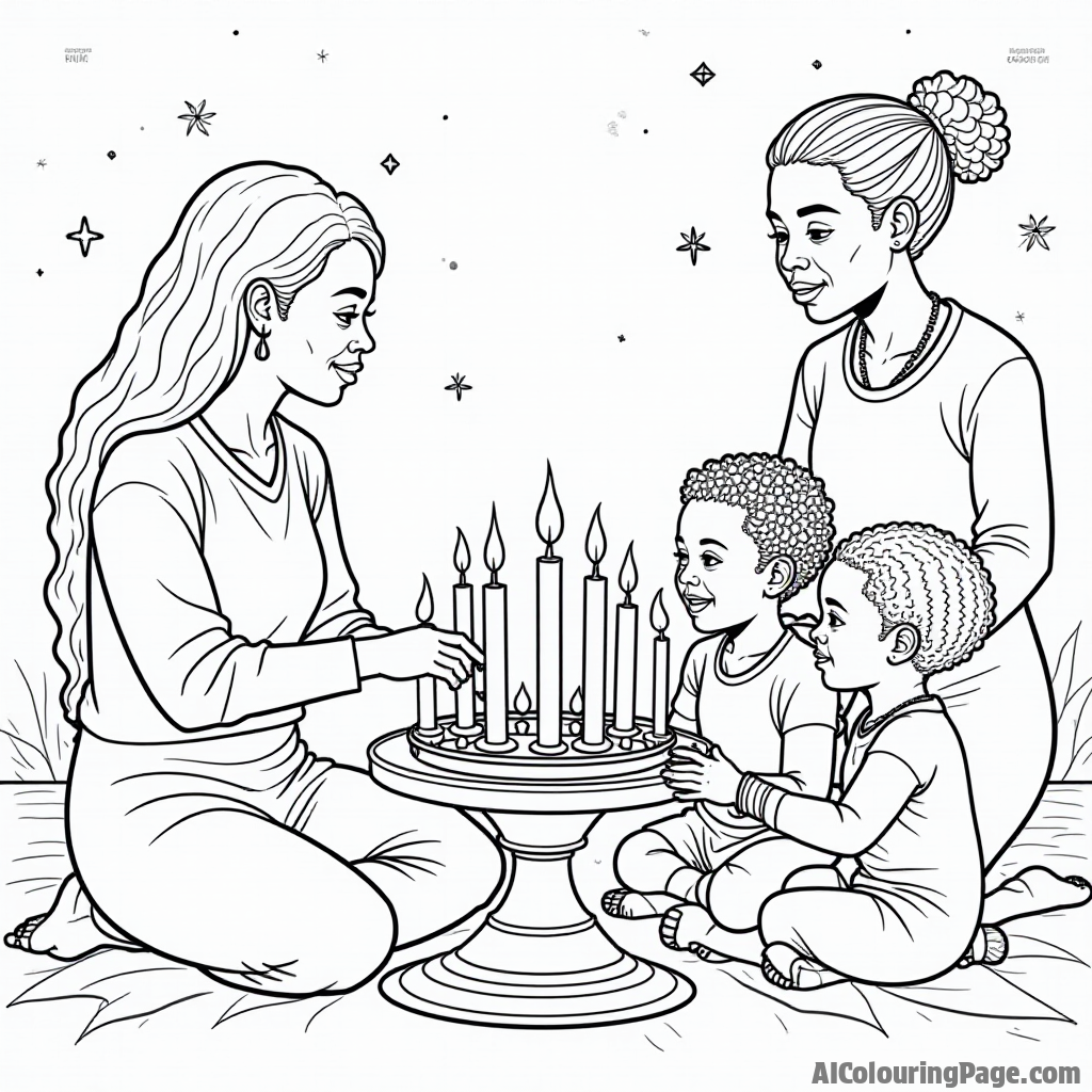 A peaceful Kwanzaa scene featuring a family lighting candles on the kinara, with symbols of unity and heritage in the background, ideal for a calming coloring experience.