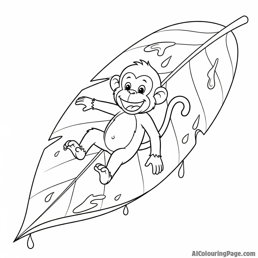 A monkey joyfully sliding down a large, slick leaf after a rain shower.