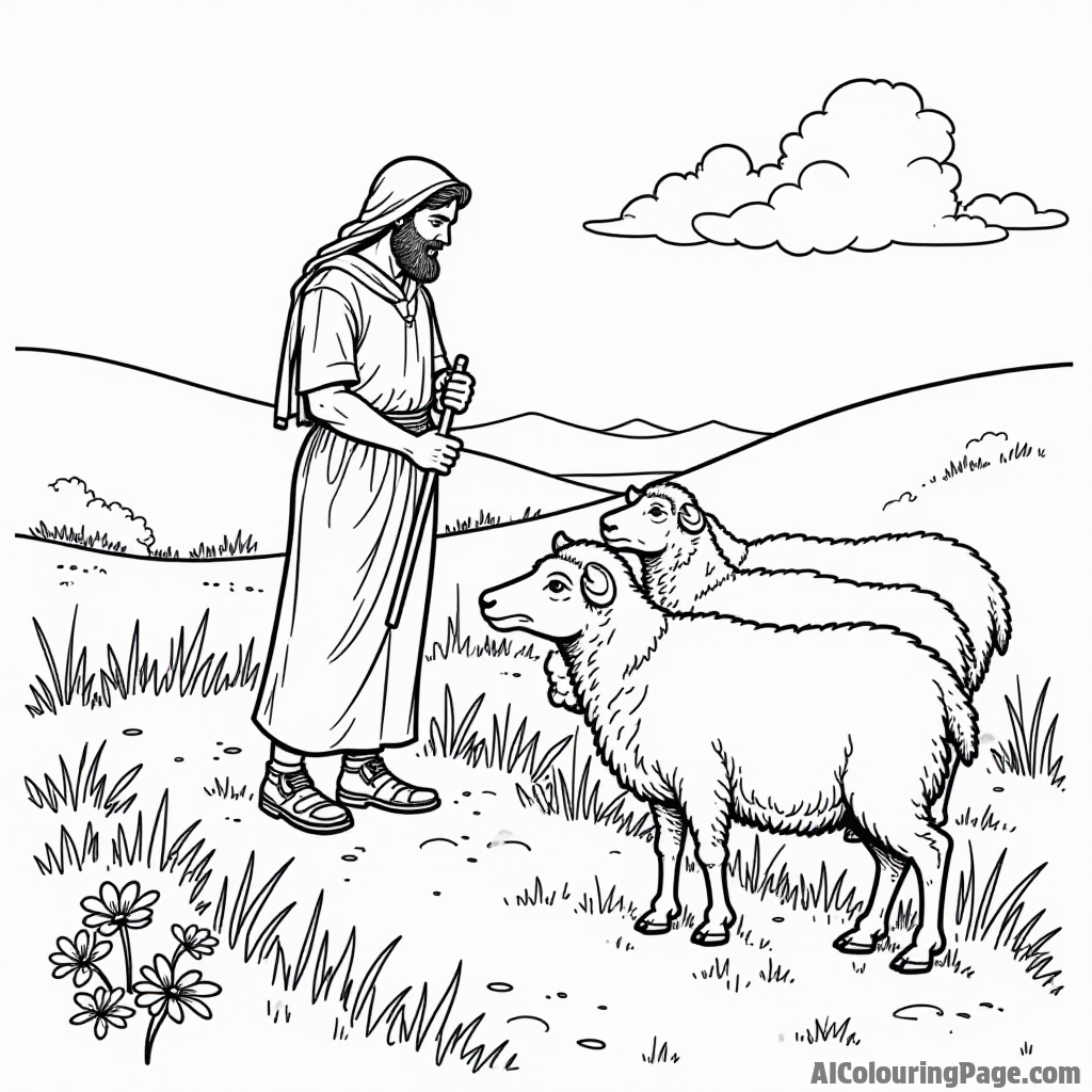 A peaceful shepherd tending to his flock of sheep on a hill, with a gentle stream and flowers blooming around.