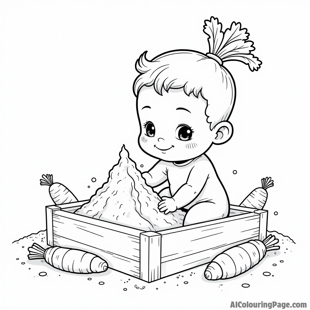 A cute baby carrot playing in a sandbox, building a sandcastle, with other carrots enjoying the beach around it.