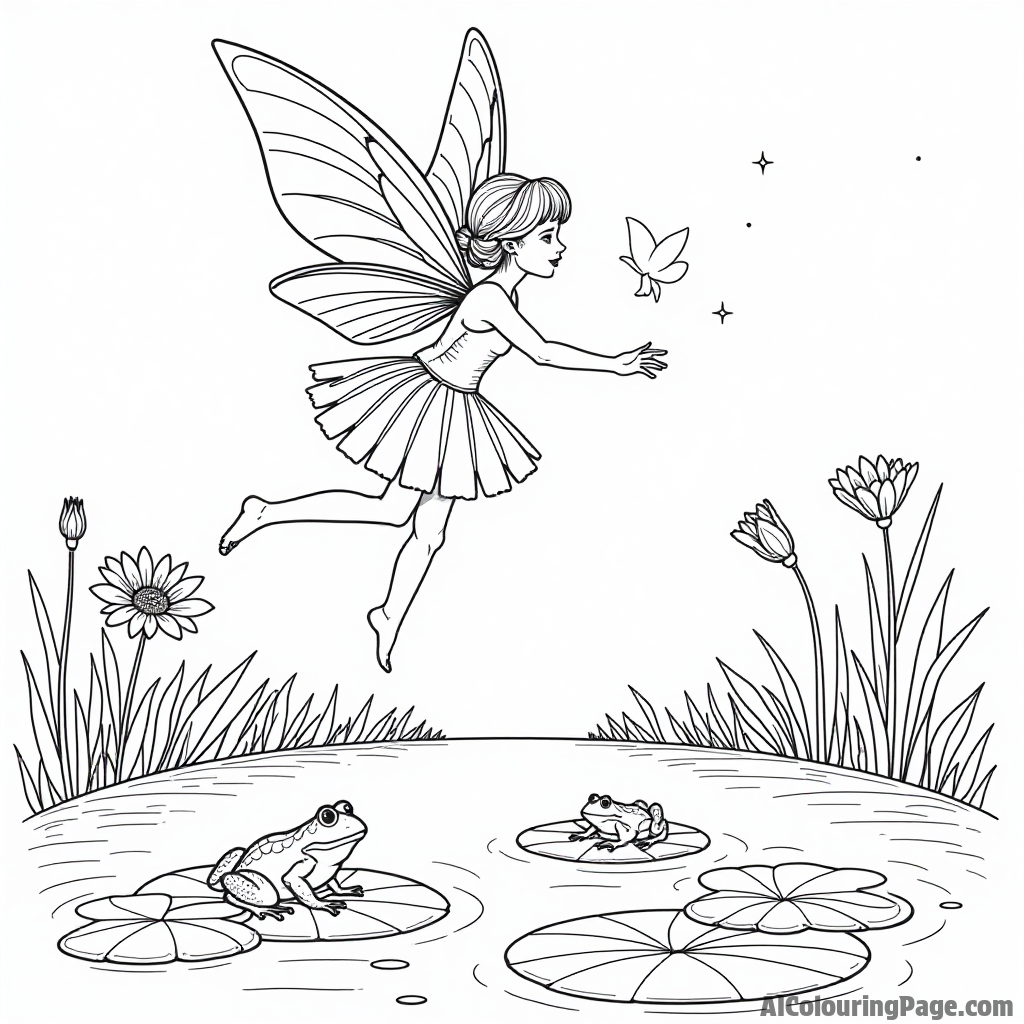 A beautiful fairy with delicate wings, flying over a sparkling pond filled with lily pads and frogs, spreading happiness everywhere.