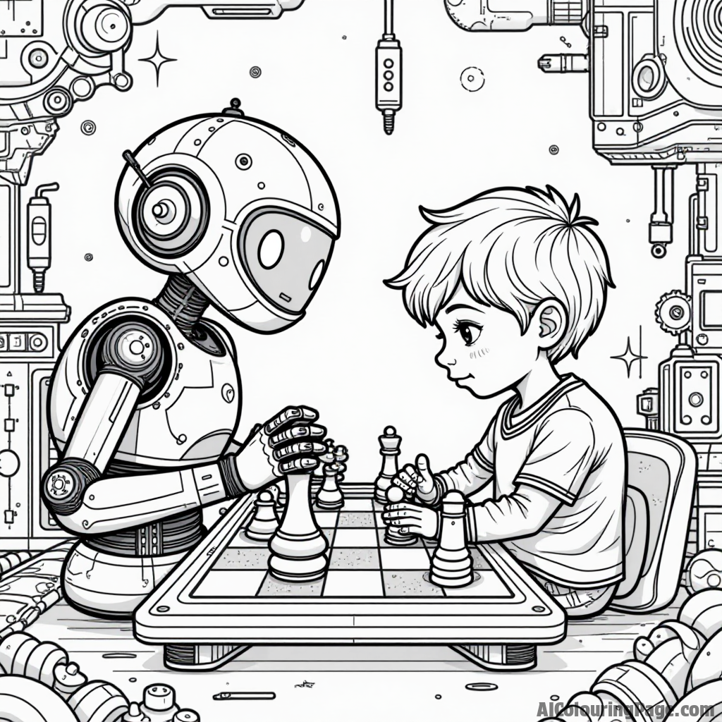 A friendly robot chess piece playing chess with a child, set in a futuristic playground filled with colorful gadgets and gizmos, inspiring creativity and fun in a tech-themed coloring experience.