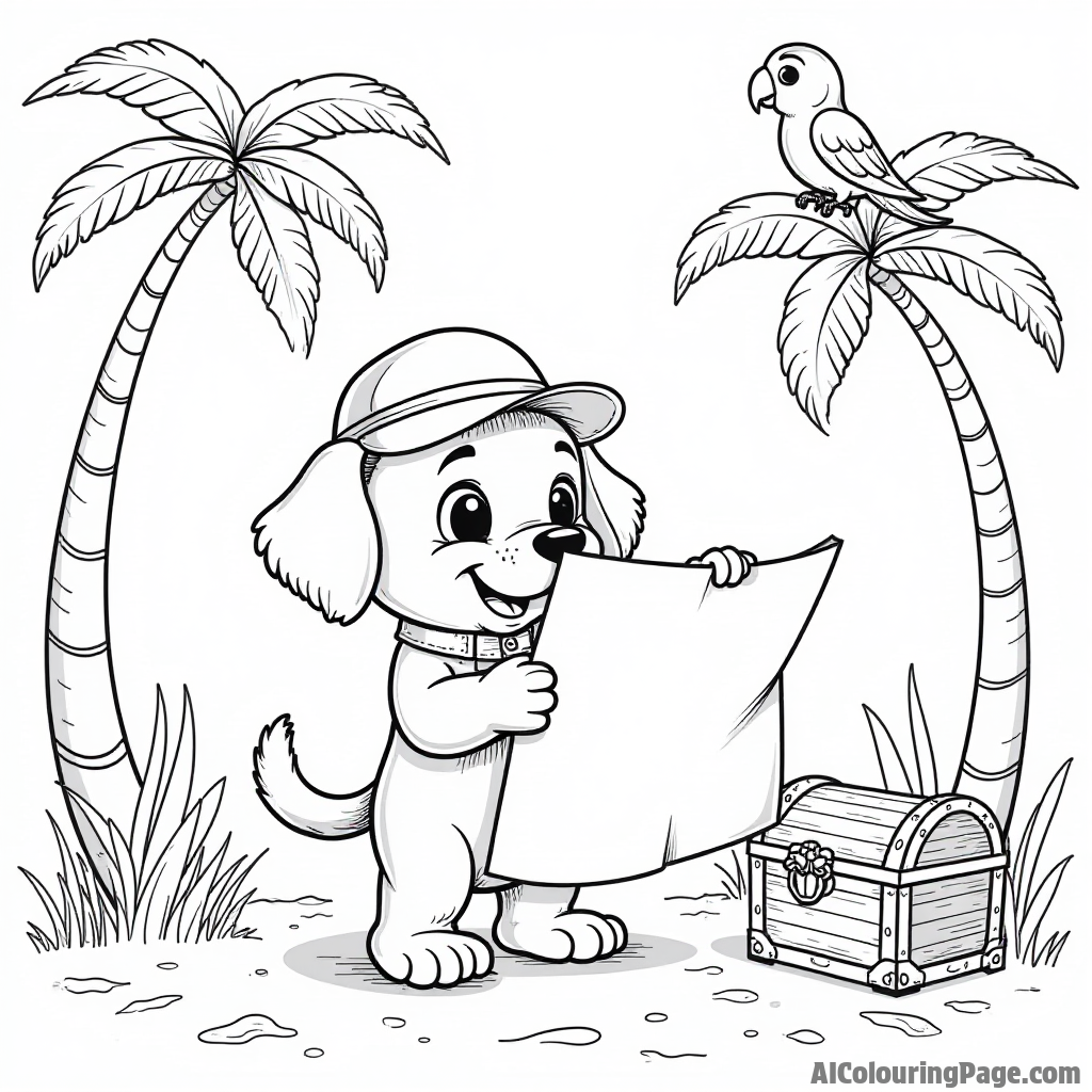 A puppy explorer with binoculars looking at a treasure map, surrounded by palm trees, treasure chest, and a parrot perched above.