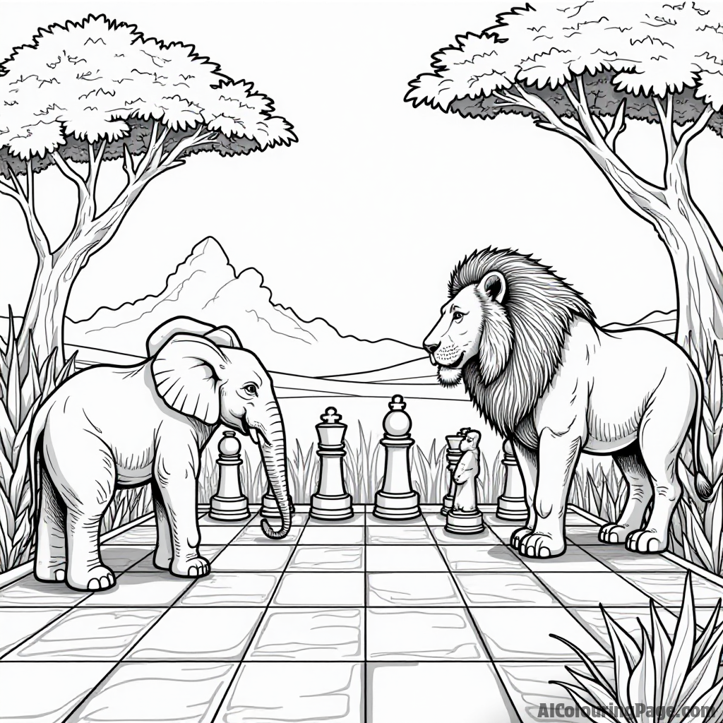 A safari-themed chess game, showcasing animal chess pieces like elephants and lions, set against a vibrant savanna backdrop, inviting children to color their wild adventure in black and white.