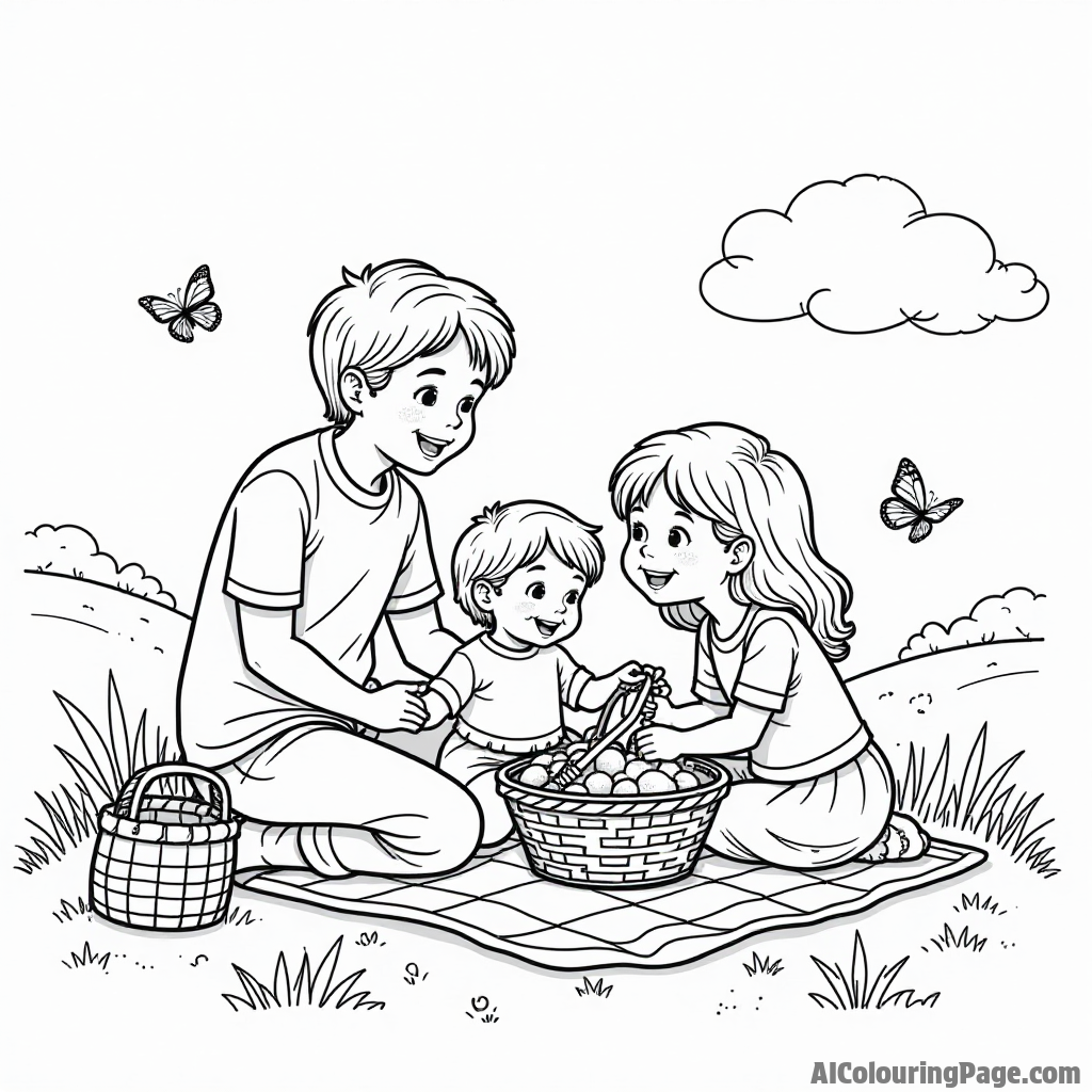 A family having a picnic on a grassy hill with a red checkered blanket, a basket, and playful butterflies nearby.