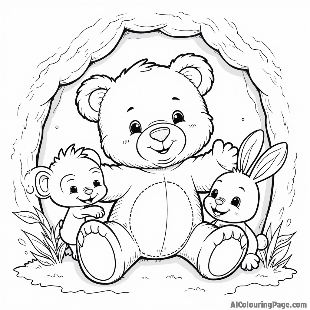 A teddy bear playing hide and seek with friends, with a playful monkey and a bunny peeking out, creating an engaging coloring page for kids.