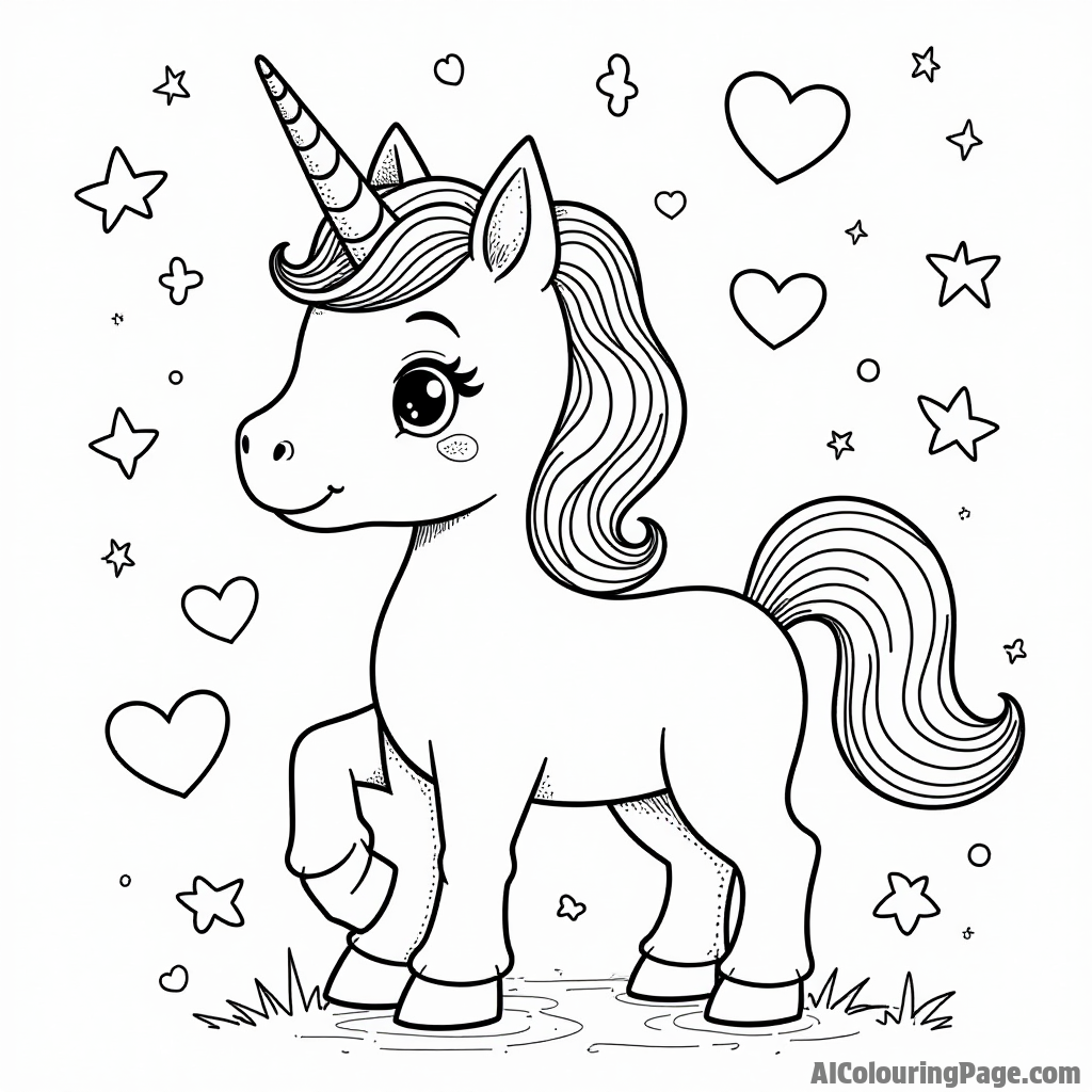 A playful unicorn surrounded by heart-shaped stars and sparkles celebrating the magic of love on Valentine’s Day