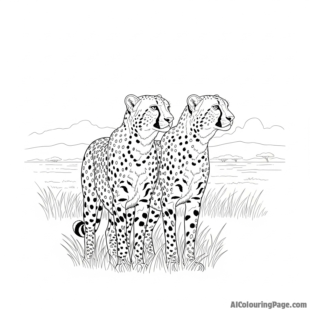 Two cheetah brothers scanning the vast savanna, standing side-by-side.