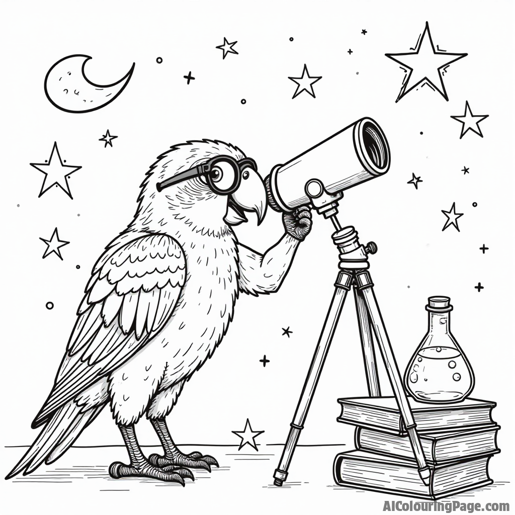 A parrot scientist in glasses looking through a telescope at the stars, surrounded by books and scientific equipment