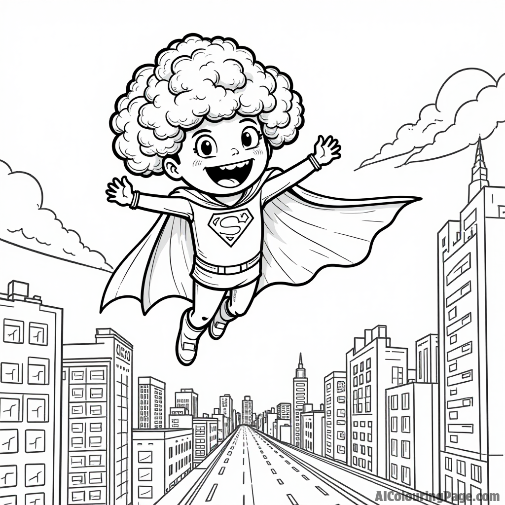 A broccoli superhero flying over a cityscape, with a cape made of lettuce, saving vegetables from a hungry villain.