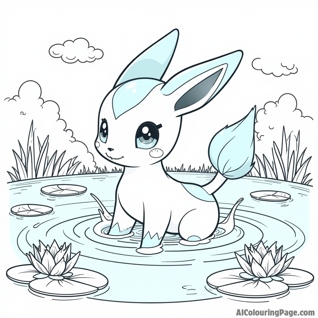 A gentle Vaporeon splashing in a clear blue lake with lily pads and friendly water Pokémon swimming around.