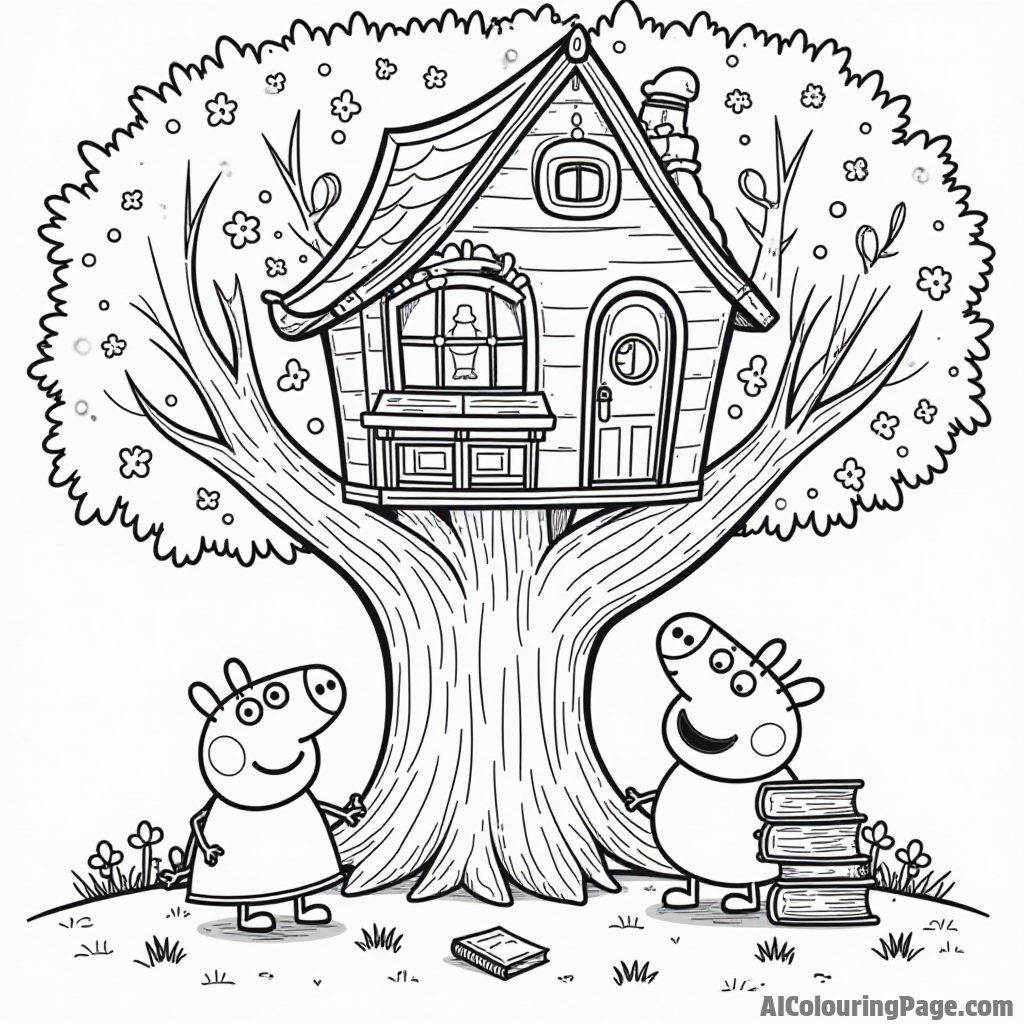 Peppa Pig and her friends exploring a magical treehouse filled with books, games, and secret surprises inside.