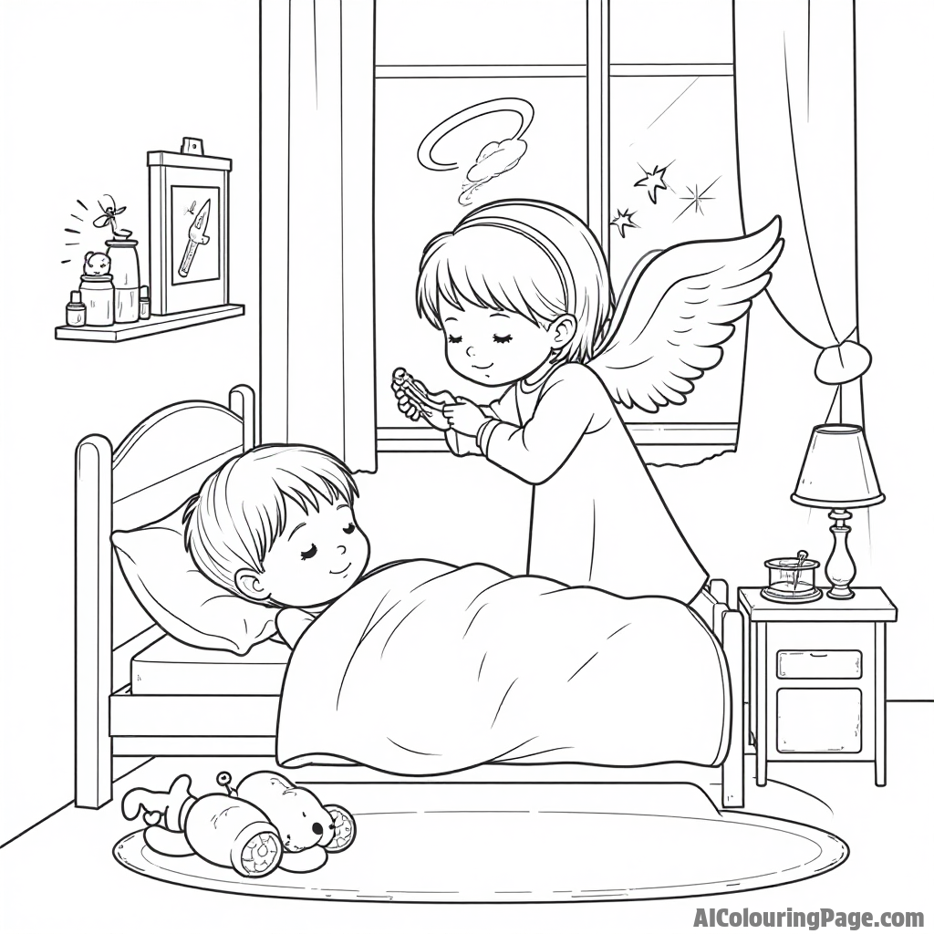 A guardian angel watching over a sleeping child in a cozy bedroom filled with toys and soft blankets.