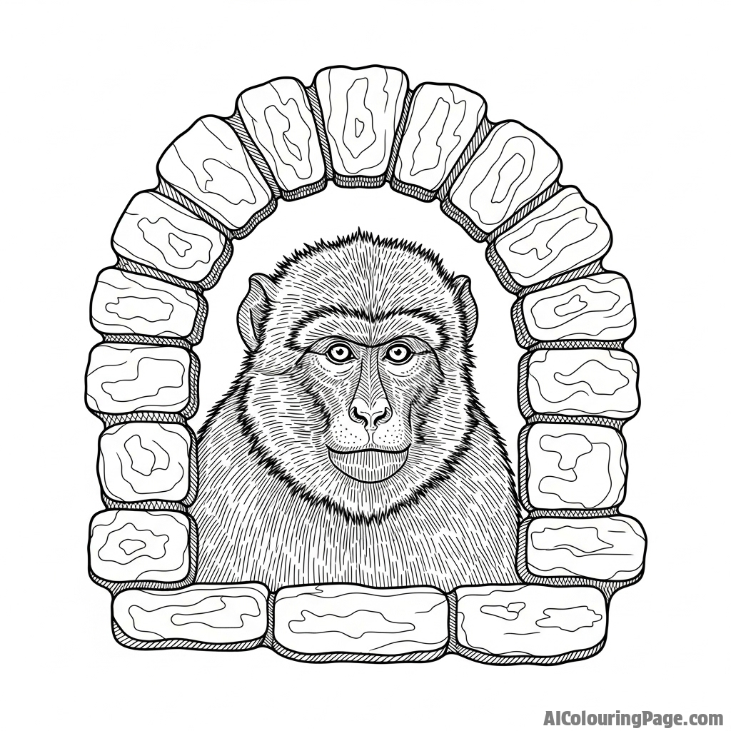 A detailed etching of a Barbary ape looking out from a stone archway.
