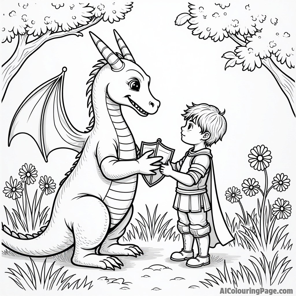 A dragon helping a young knight polish his armor in a sunny garden filled with blooming flowers.