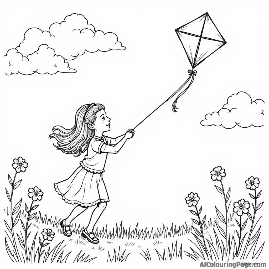 The girls flying a kite on a sunny day, with fluffy clouds in the sky and flowers blooming all around