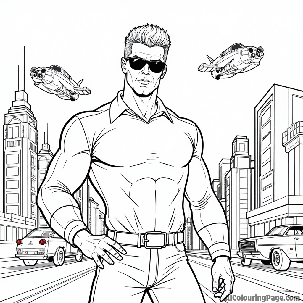 Johnny Bravo in a futuristic city with robots and flying cars