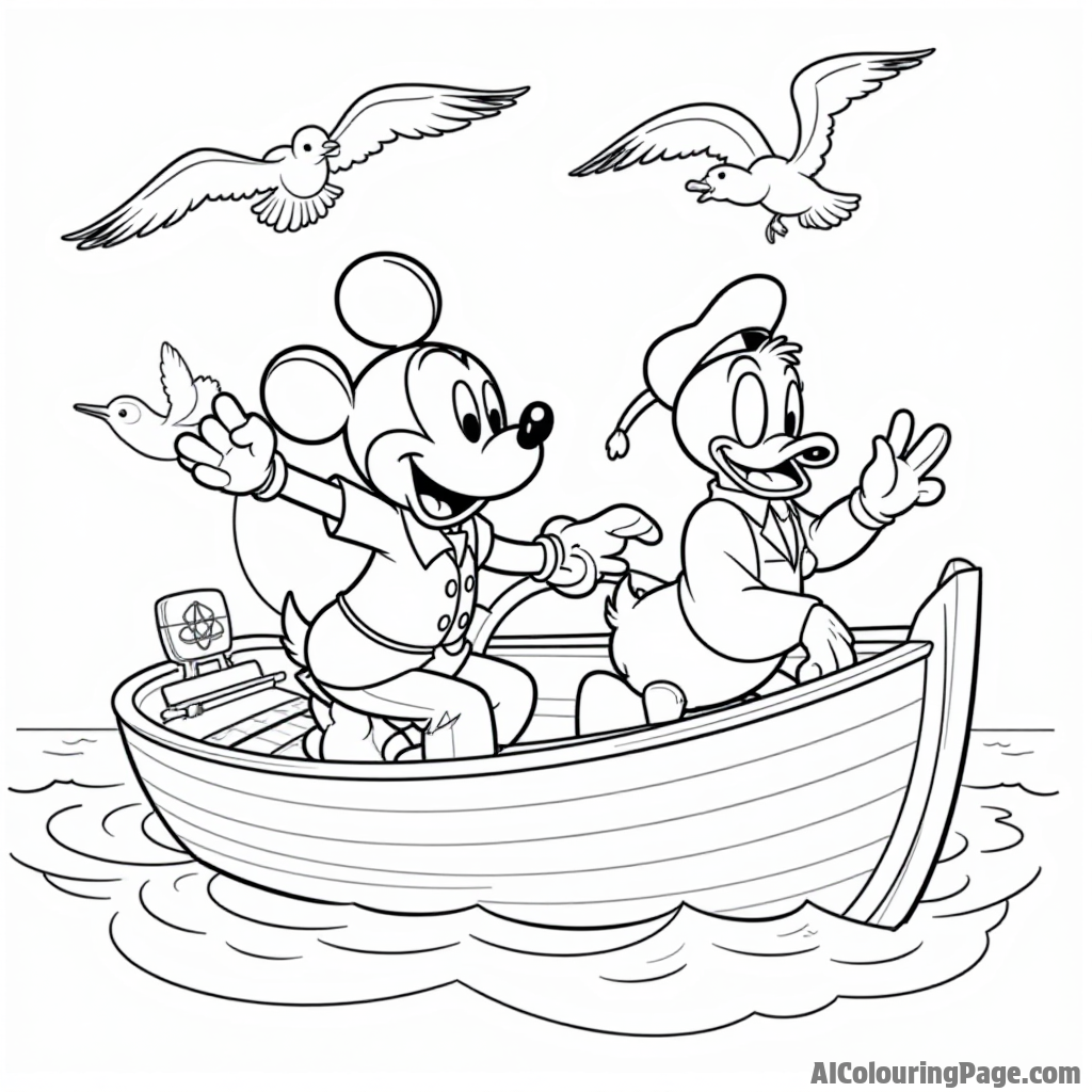 Mickey Mouse and Donald Duck sailing on a boat, navigating through calm waters with seagulls flying above.