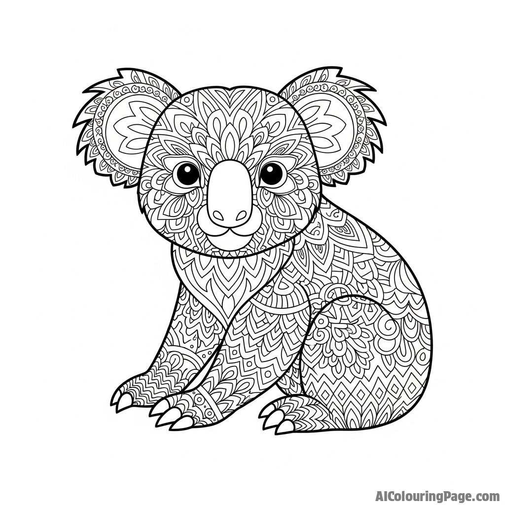 A folk-art style painting of a koala, decorated with intricate, symmetrical patterns.