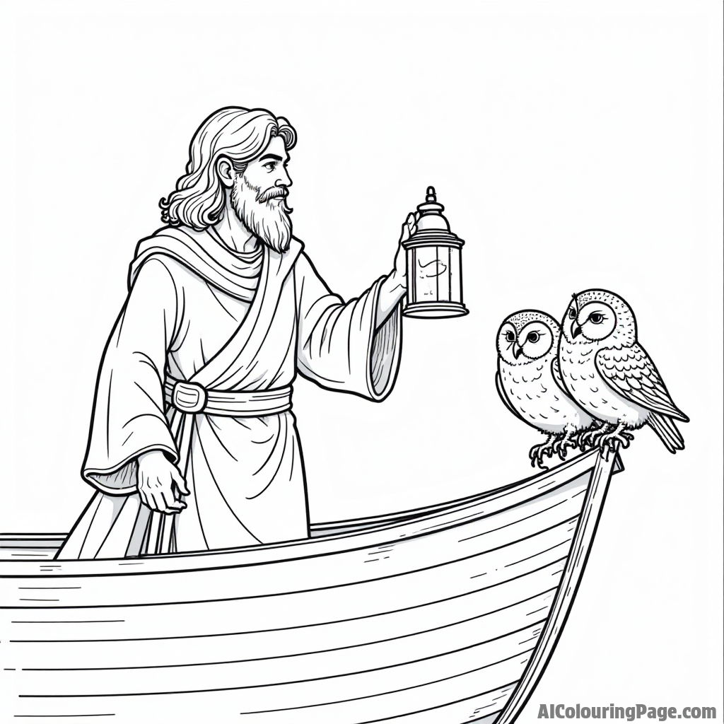 Noah holding a lantern on the ark, guiding a pair of owls perched on the edge as night falls.