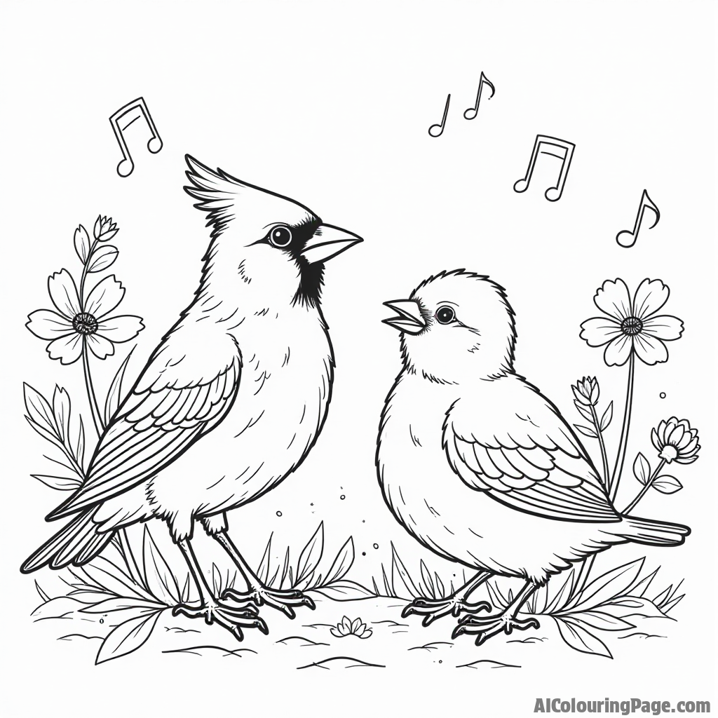 A mother cardinal teaching her chicks to sing, with musical notes and flowers surrounding them for a cheerful coloring page.