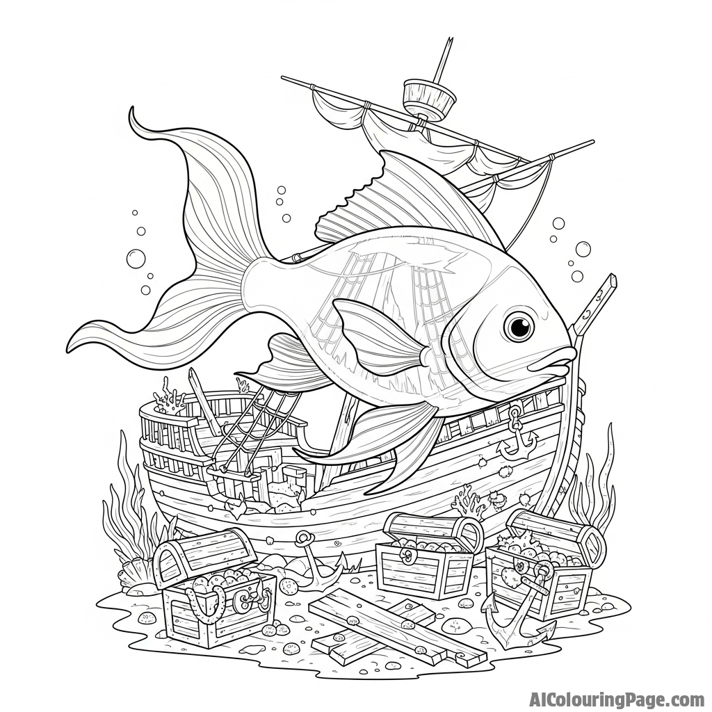 A ghostly, translucent fish navigating a sunken shipwreck.