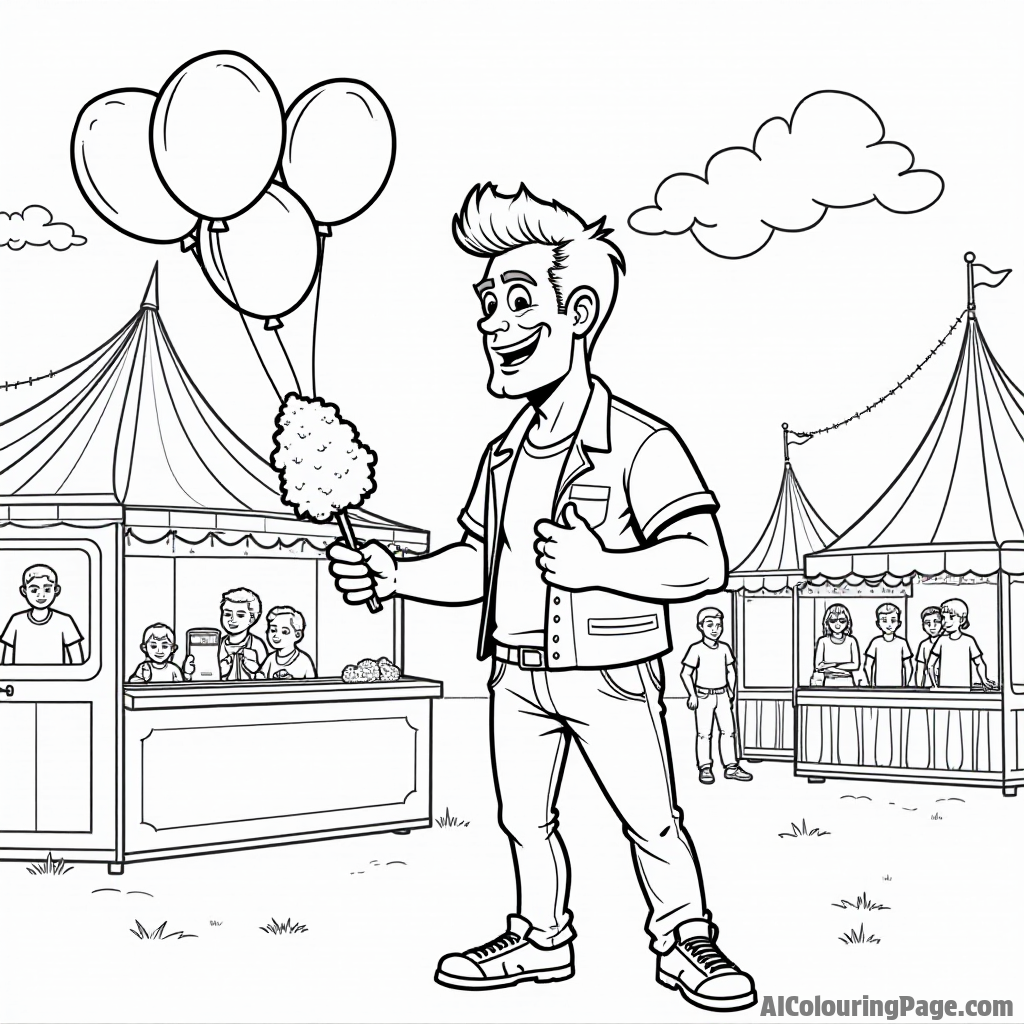 Johnny Bravo at a carnival playing games with balloons and cotton candy