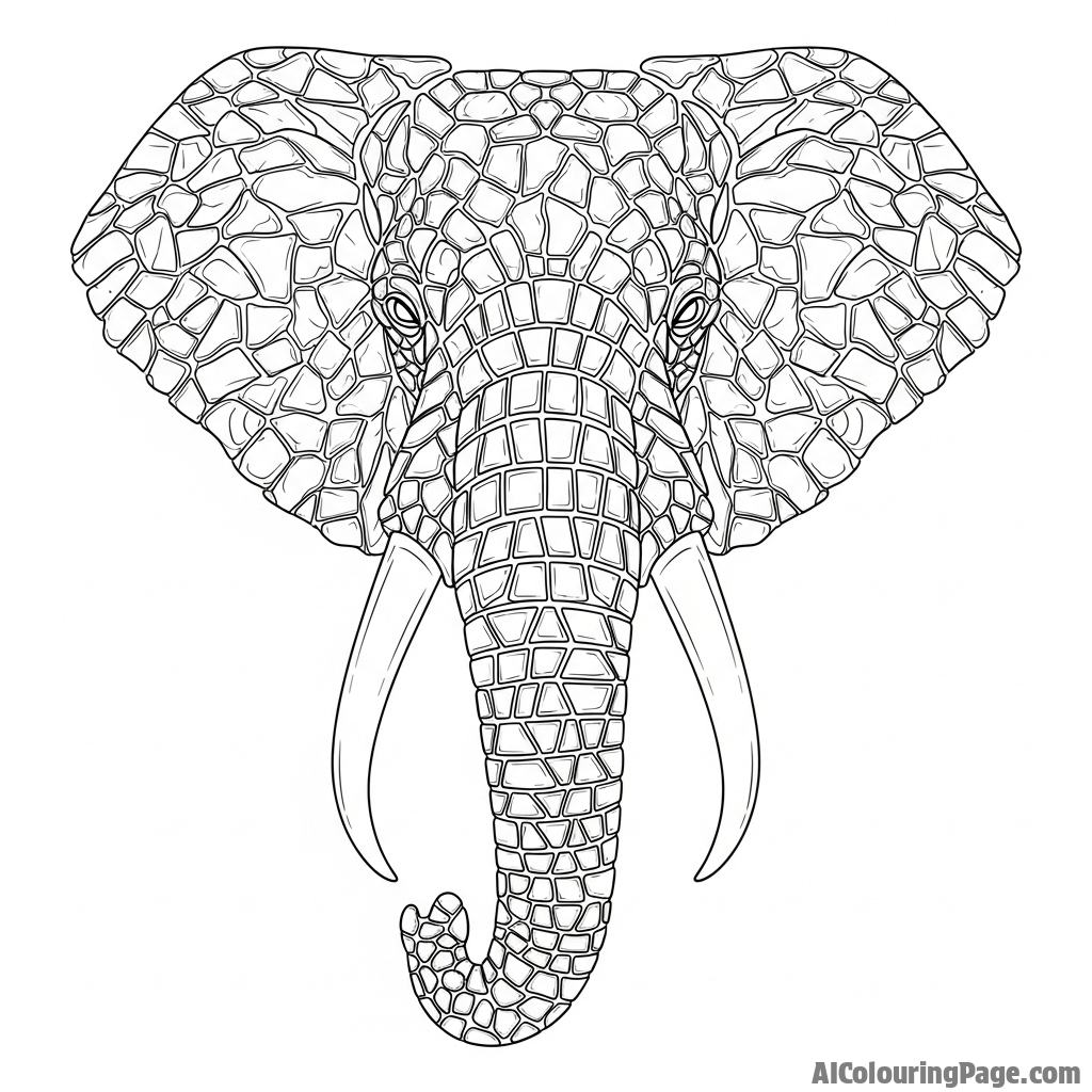 A mosaic of an elephant's head, created from thousands of pieces of shattered stone.