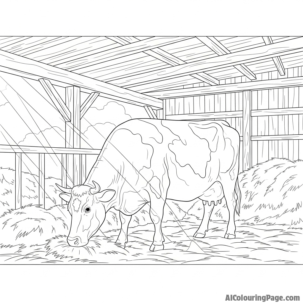 A cow inside a rustic, hay-filled barn, with shafts of light piercing the gloom.