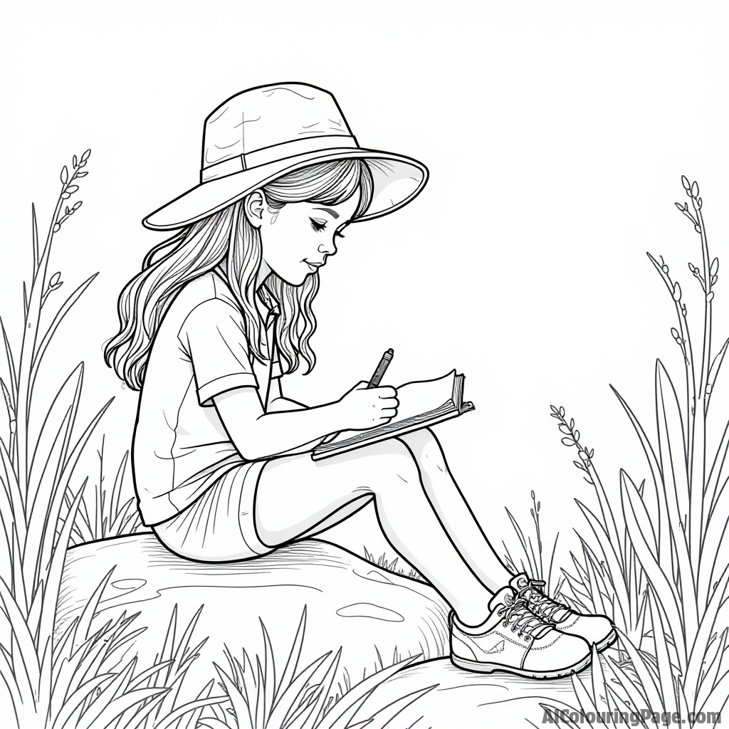 A young girl wearing a safari hat, sketching animals in a notebook while sitting on a rock in the jungle, surrounded by tall grass and flowers, inspiring creativity and adventure for kids.