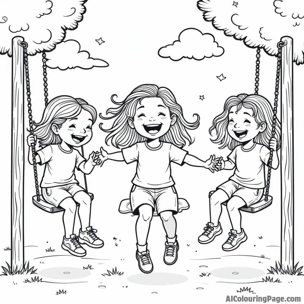 The girls playing on a playground, with swings, slides, and a merry-go-round, radiating joy and laughter together