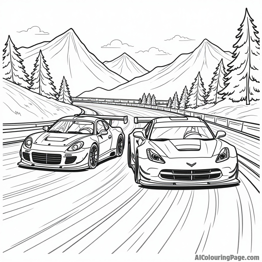 Two race cars competing neck and neck on a winding racetrack, with mountains and trees in the background, creating a thrilling coloring page for kids.